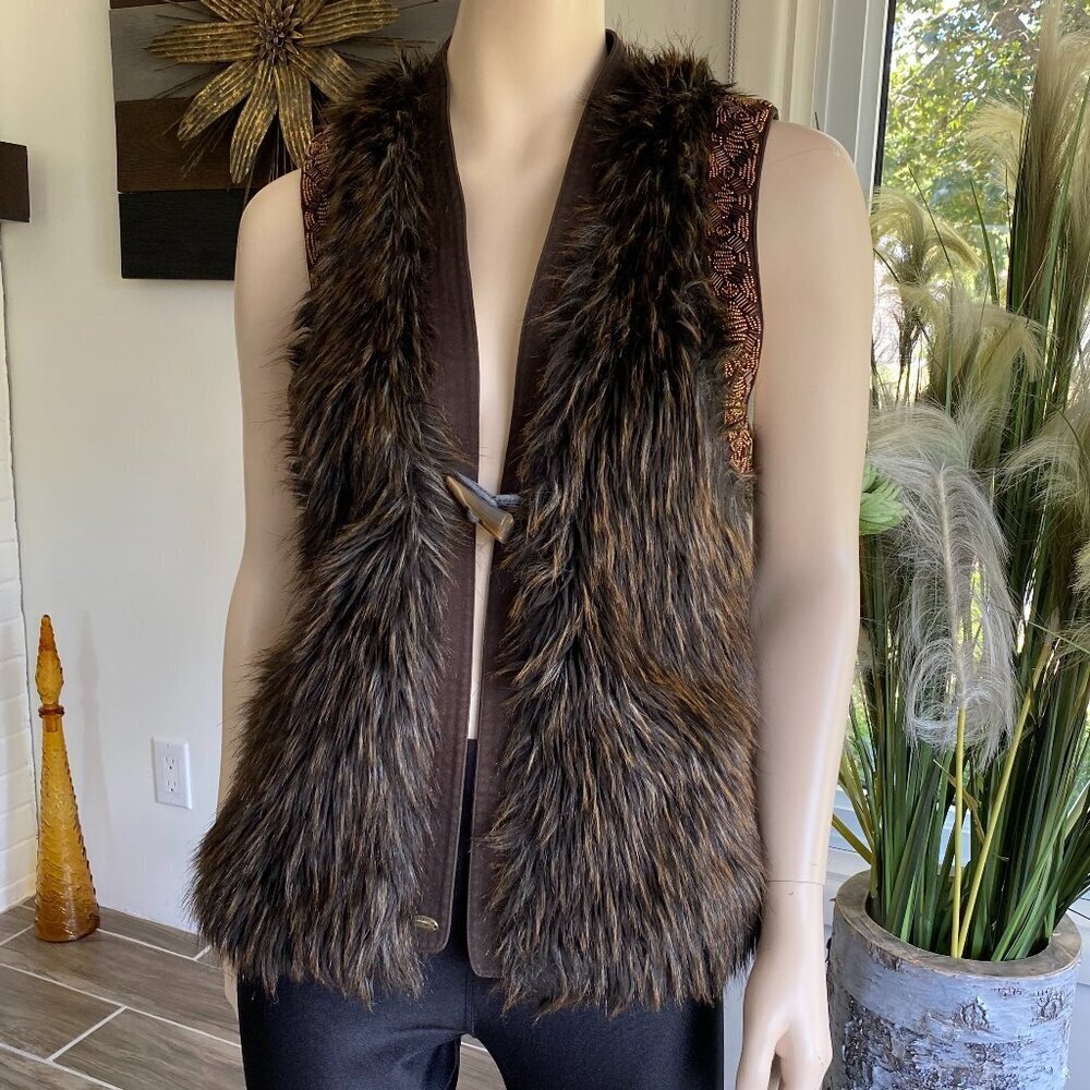 Guess Faux Fur Hand Beaded Brown Vest Sz Sm​​​